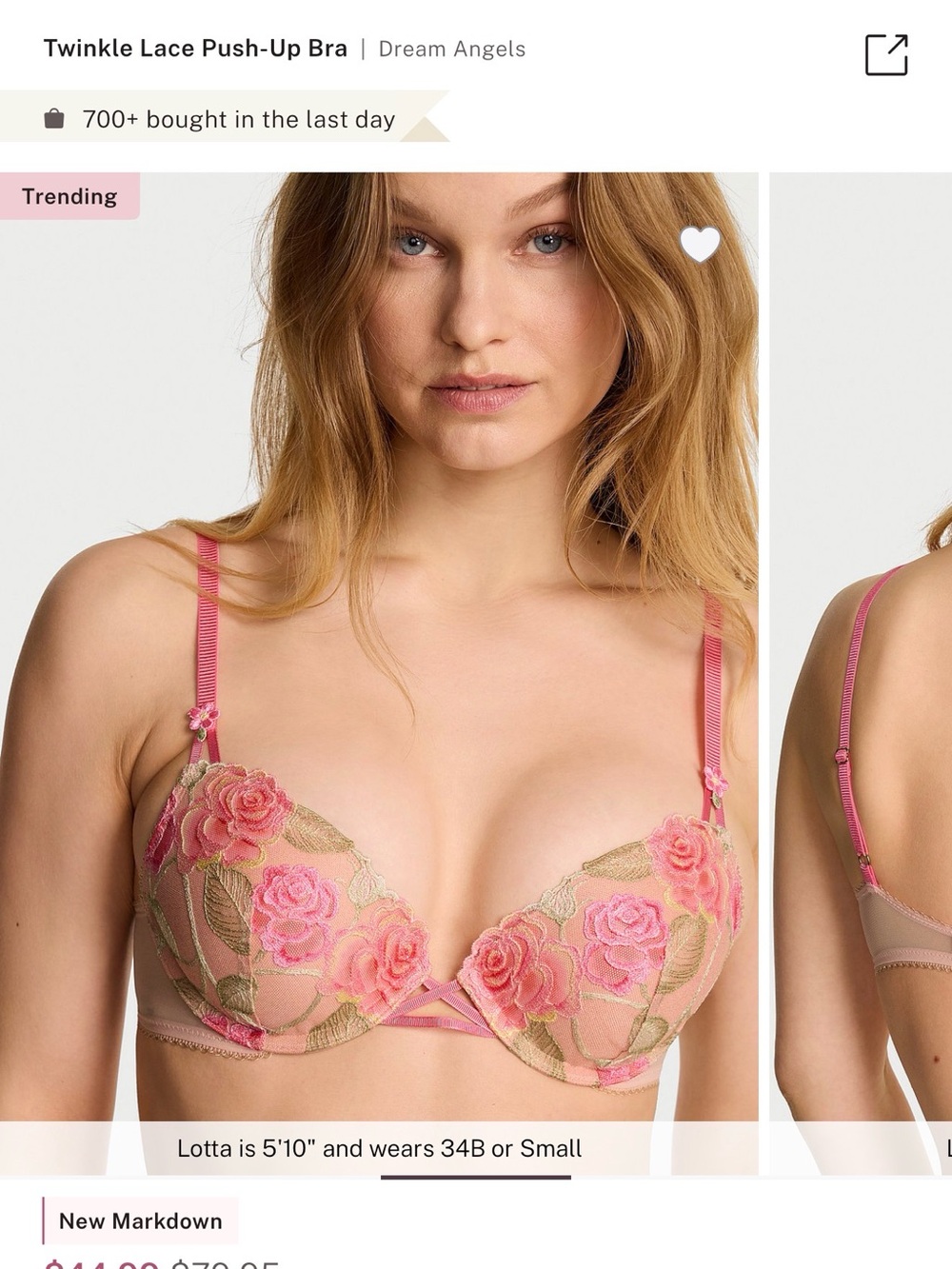 Pink Floral Lace Push-Up Bra. Very sexy set size36b panty size Large